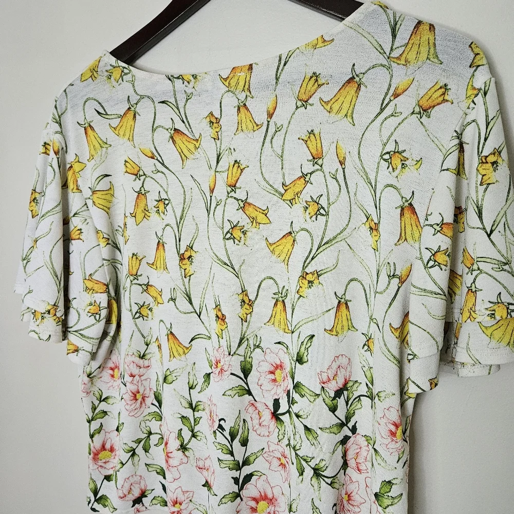 Lily White Blouse Floral Print Top Yellow Pink Green V-Neck Tie Front Casual - Picture 5 of 8